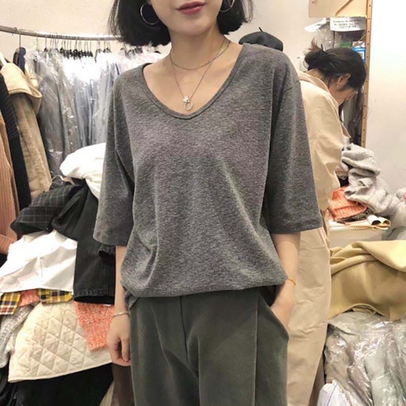chic港味v領短袖t恤女ins潮寬松韓版bf原宿風學生百搭半袖上衣服-細節圖4