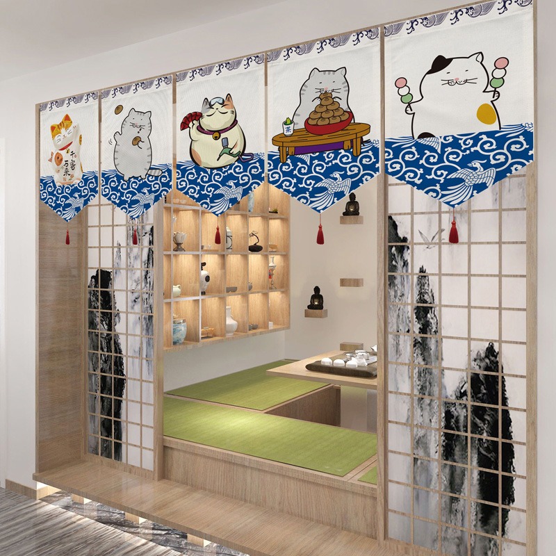 日式裝飾招財貓布藝掛簾客廳廚房門簾橫簾門旗居酒屋餐廳短簾掛旗-細節圖2