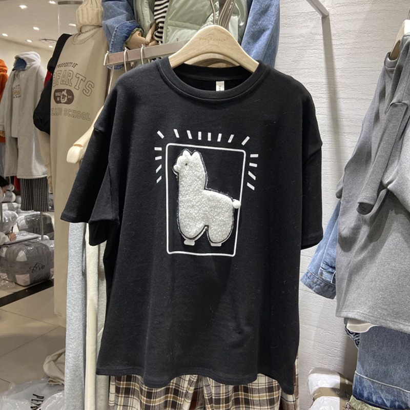 chic港風日系t恤女夏季新款刺繡羊駝可愛短袖韓版ins潮寬松上衣服-細節圖2