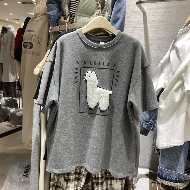 chic港風日系t恤女夏季新款刺繡羊駝可愛短袖韓版ins潮寬松上衣服-細節圖3
