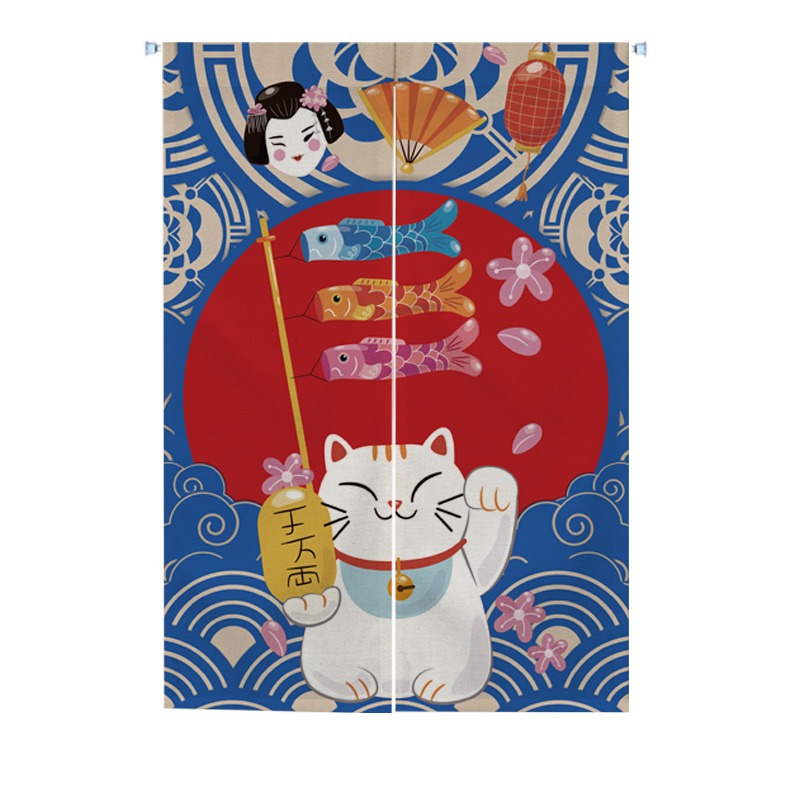麻布日式招財貓門簾布藝隔斷簾臥室半簾廚房防油煙布簾裝飾掛簾-細節圖6