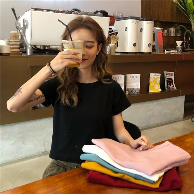 ins超火短袖t恤女夏純棉寬松短款打底衫韓版潮原宿bf蹦迪半袖上衣-細節圖2