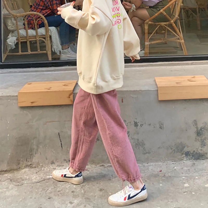 燈芯絨束腳褲女秋冬韓版ins潮高腰顯瘦直筒寬松哈倫休閑褲子-細節圖2