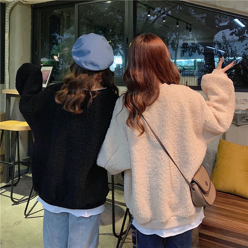 羊羔毛絨衛衣女秋冬ins韓版寬松bf慵懶風加絨加厚日系可愛上衣服-細節圖5