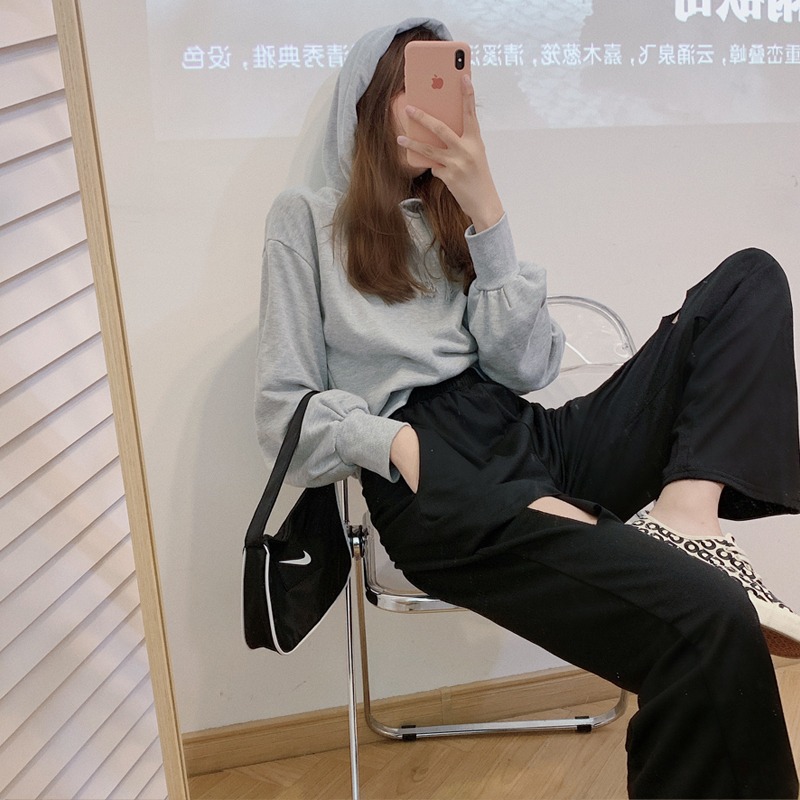 港味闊腿褲子女春秋韓版高腰直筒顯瘦個性破洞休閑運動褲ins-細節圖4