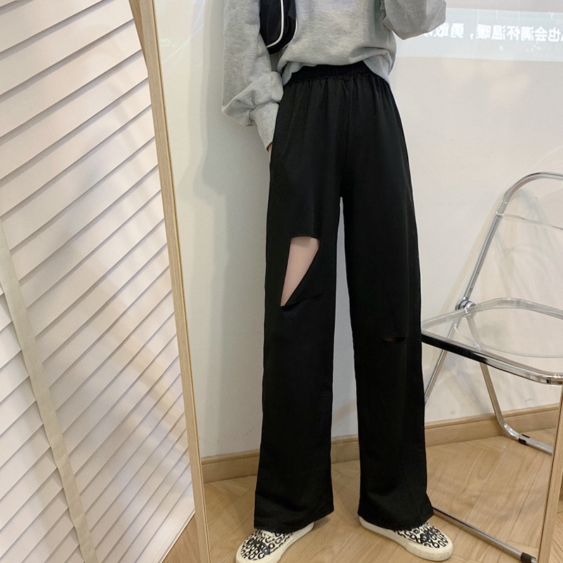 港味闊腿褲子女春秋韓版高腰直筒顯瘦個性破洞休閑運動褲ins-細節圖5
