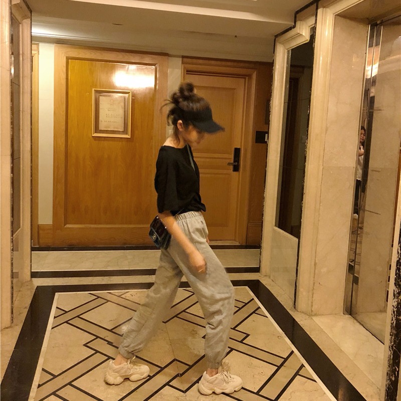 束腳褲女夏秋韓版cec學生運動薄款燈籠褲高腰冬季直筒寬松休閑褲-細節圖2