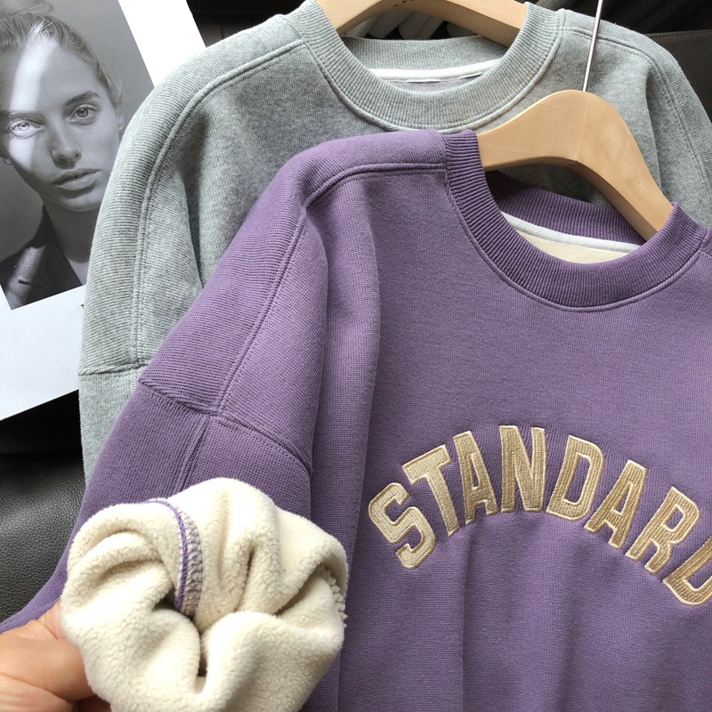 古著vintage刺繡衛衣女寬松韓版ins潮bf慵懶風無帽加絨加厚上衣服-細節圖3