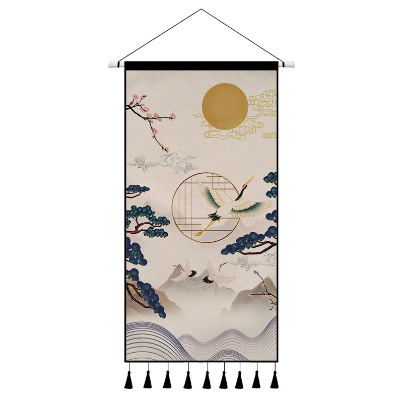 中國風仙鶴掛布背景布中式背景墻裝飾掛毯墻布客廳玄關裝飾畫定製-細節圖7
