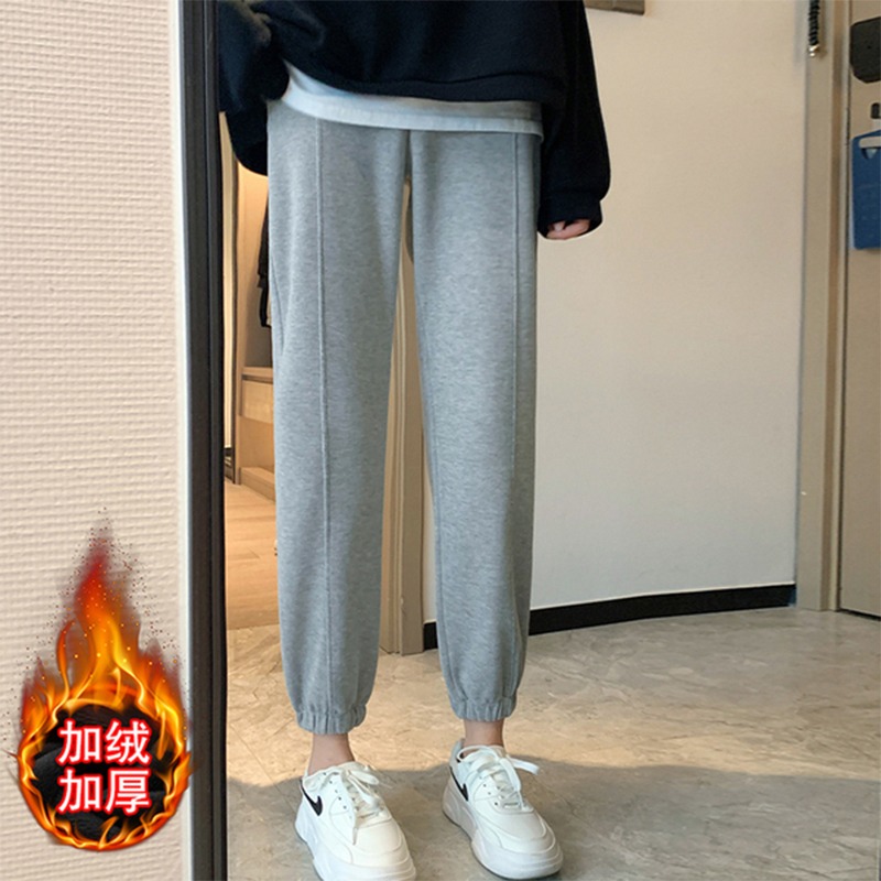 加絨加厚灰色運動褲女秋冬韓版高腰顯瘦休閑衛褲百搭九分束腳褲子-細節圖3