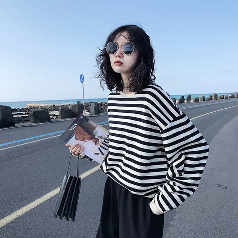 ins超火cec條紋衛衣女秋薄款外套韓版潮bf慵懶風學生百搭寬松上衣-細節圖4