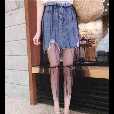 春夏女裝韓版中長款時尚百搭網紗拼接破洞高腰毛邊牛仔半身裙長裙-細節圖3