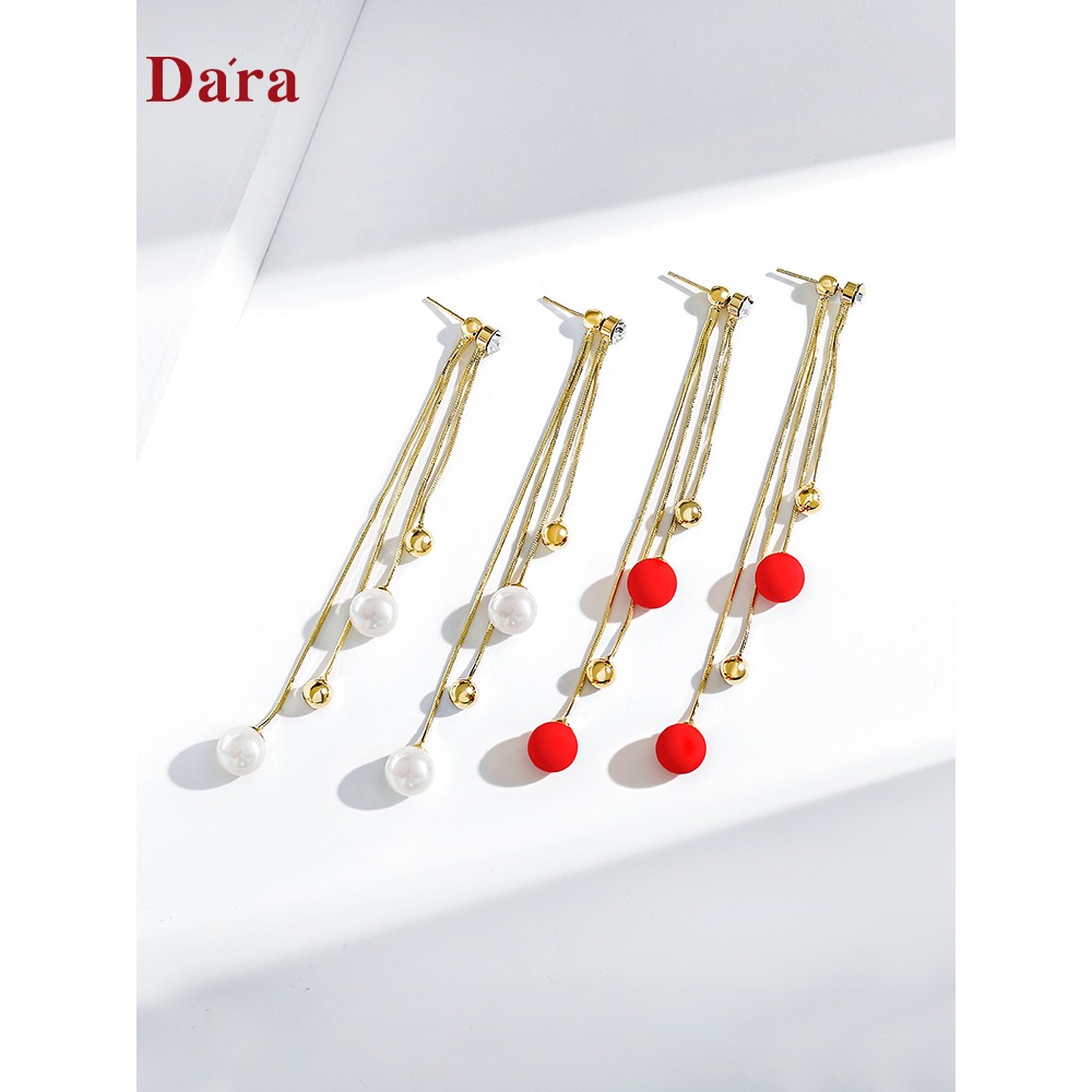 戴拉 925銀針氣質簡約秋冬紅色吊墜流蘇耳環女年新款潮耳飾品-細節圖4
