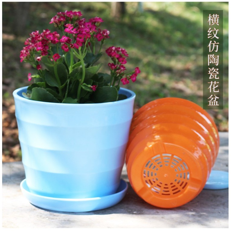 創意圓形多肉花盆 樹脂環保塑料花盆 綠蘿仿陶瓷彩色橫紋塑料送託-細節圖7