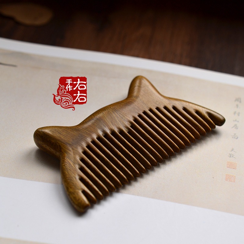 木梳綠檀木雕刻梳子復古典古風可愛貓咪迷你小梳 迷你款-細節圖2