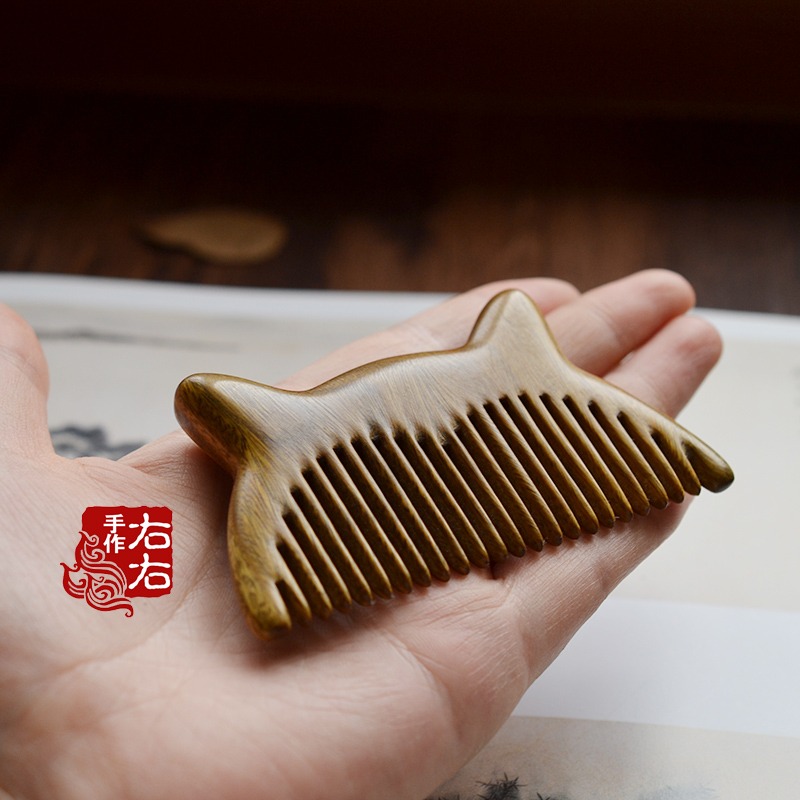 木梳綠檀木雕刻梳子復古典古風可愛貓咪迷你小梳 迷你款-細節圖4