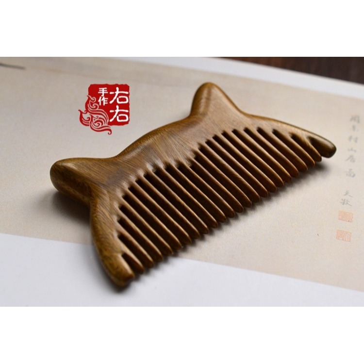 木梳綠檀木雕刻梳子復古典古風可愛貓咪迷你小梳 迷你款-細節圖6