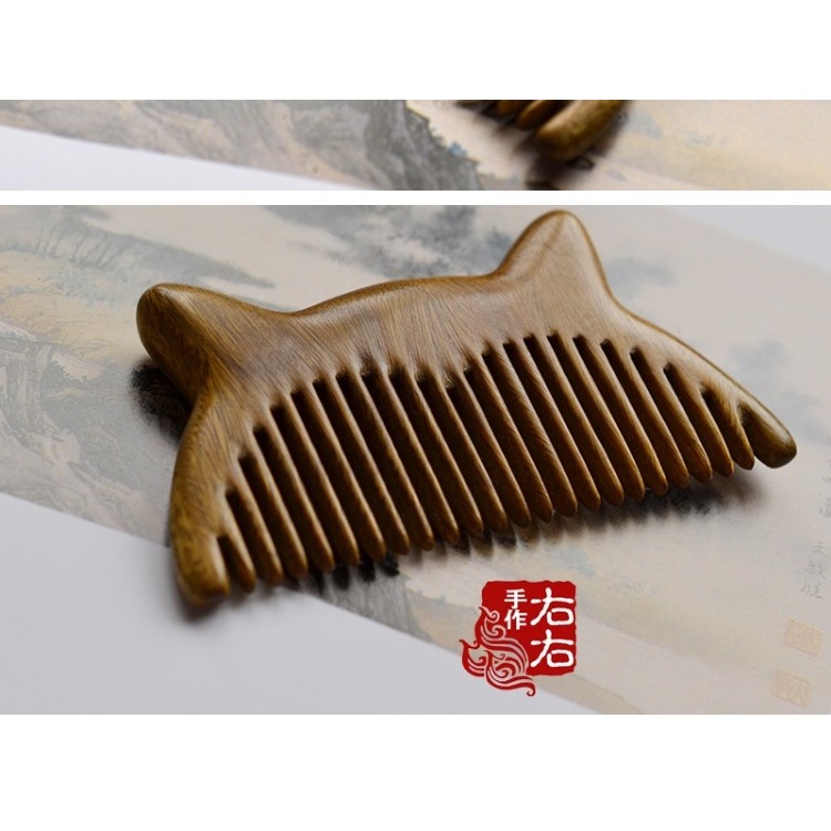 木梳綠檀木雕刻梳子復古典古風可愛貓咪迷你小梳 迷你款-細節圖10