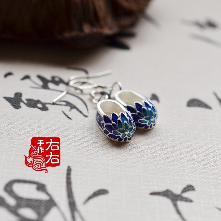 原創手工中國風繡花鞋景泰藍烤瓷燒藍耳環耳飾可選配禮盒-細節圖3
