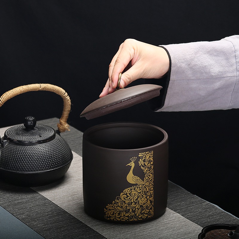 一斤裝紫砂茶葉罐大號普洱儲茶防潮醒茶罐家用散茶罐鐵觀音茶罐-細節圖3