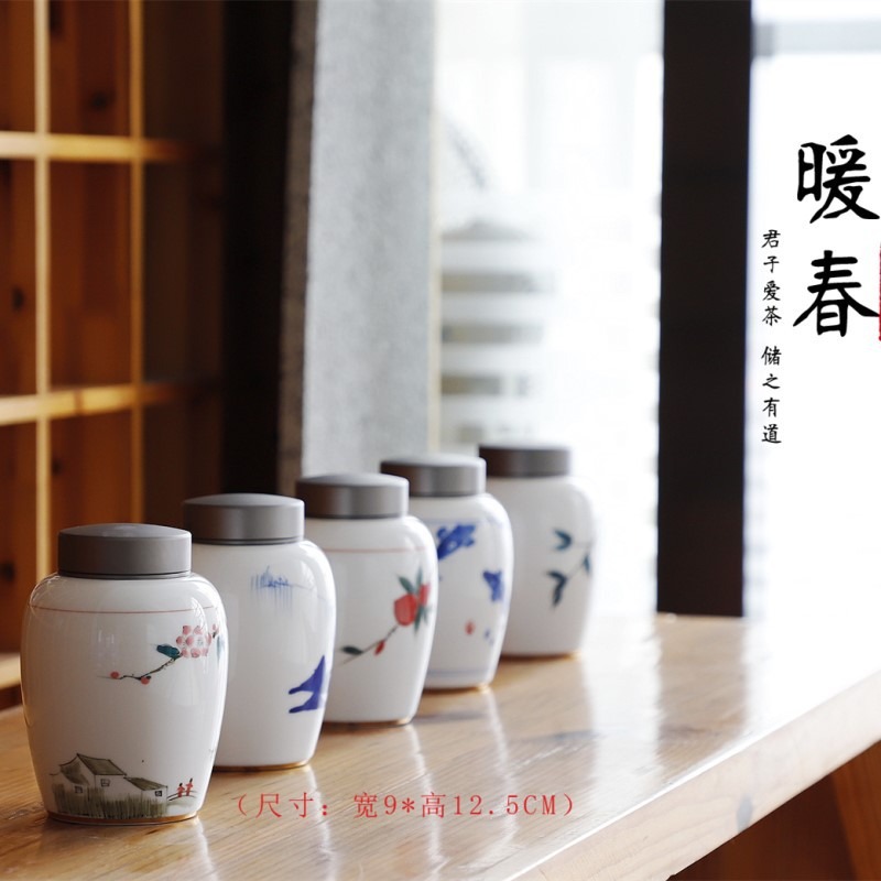 手繪白瓷茶葉罐密封罐家用儲茶罐青花保鮮罐茶倉合金罐蓋-細節圖3