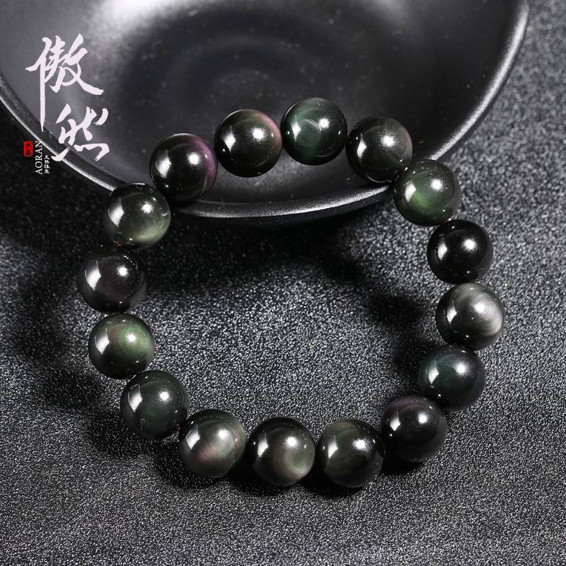 傲然天然彩虹眼黑曜石手鏈 雙彩眼黑曜石手鏈 彩眼黑曜石情侶手串-細節圖3