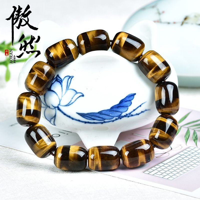 傲然天然黃虎眼石手鏈 黃色虎眼石桶珠手鏈 虎睛石手串  情侶手鏈-細節圖2