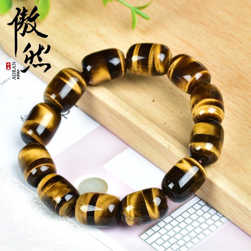 傲然天然黃虎眼石手鏈 黃色虎眼石桶珠手鏈 虎睛石手串  情侶手鏈-細節圖3
