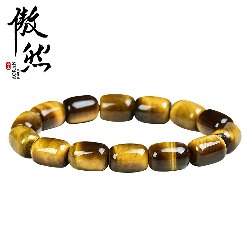 傲然天然黃虎眼石手鏈 黃色虎眼石桶珠手鏈 虎睛石手串  情侶手鏈-細節圖5