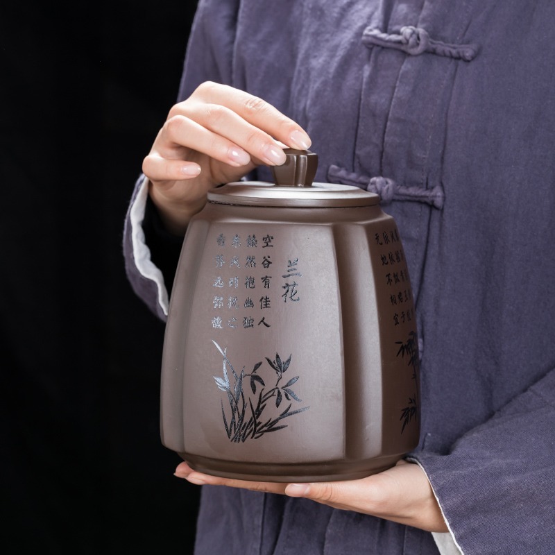 紫砂茶葉罐陶瓷密封罐小號存茶儲物罐子家用便攜裝茶葉盒茶具-細節圖2