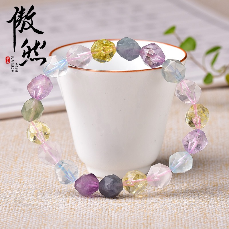 傲然鉆石面五行水晶手鏈 彩色水晶手串 糖果色切面水晶手鏈飾品-細節圖2