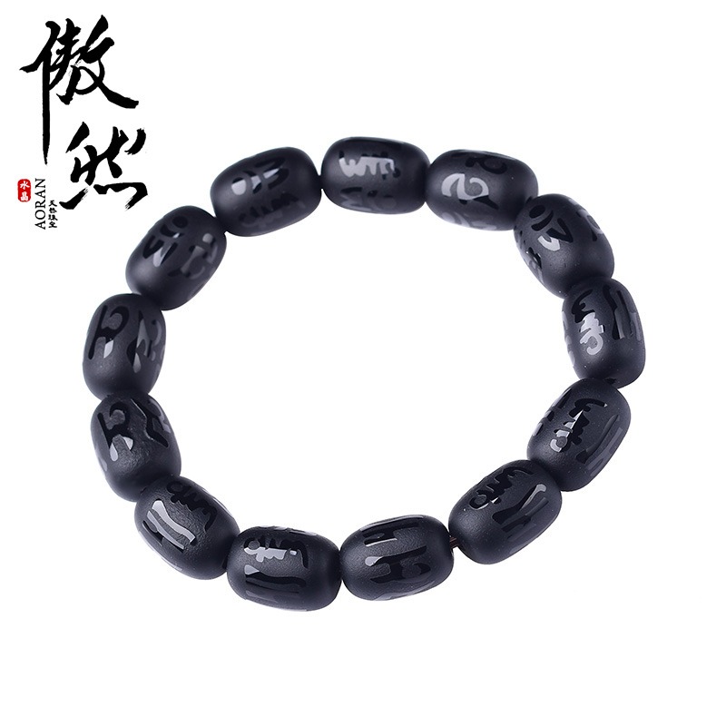 傲然天然黑瑪瑙六子真言手鏈 磨砂黑瑪瑙佛珠手鏈 黑色桶珠手鏈-細節圖4
