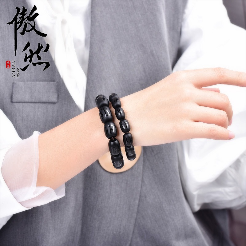 傲然天然黑瑪瑙六子真言手鏈 磨砂黑瑪瑙佛珠手鏈 黑色桶珠手鏈-細節圖5