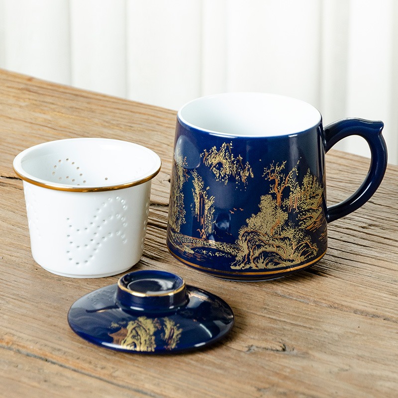 創意陶瓷帶蓋馬克杯大容量辦公室泡茶杯過濾茶杯茶水分離水杯-細節圖2