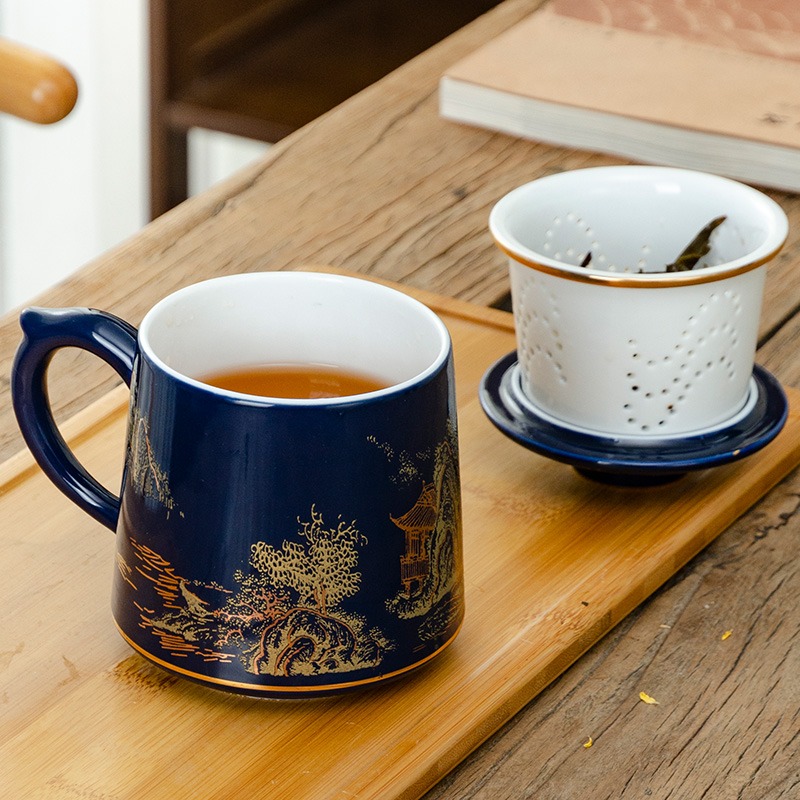 創意陶瓷帶蓋馬克杯大容量辦公室泡茶杯過濾茶杯茶水分離水杯-細節圖3