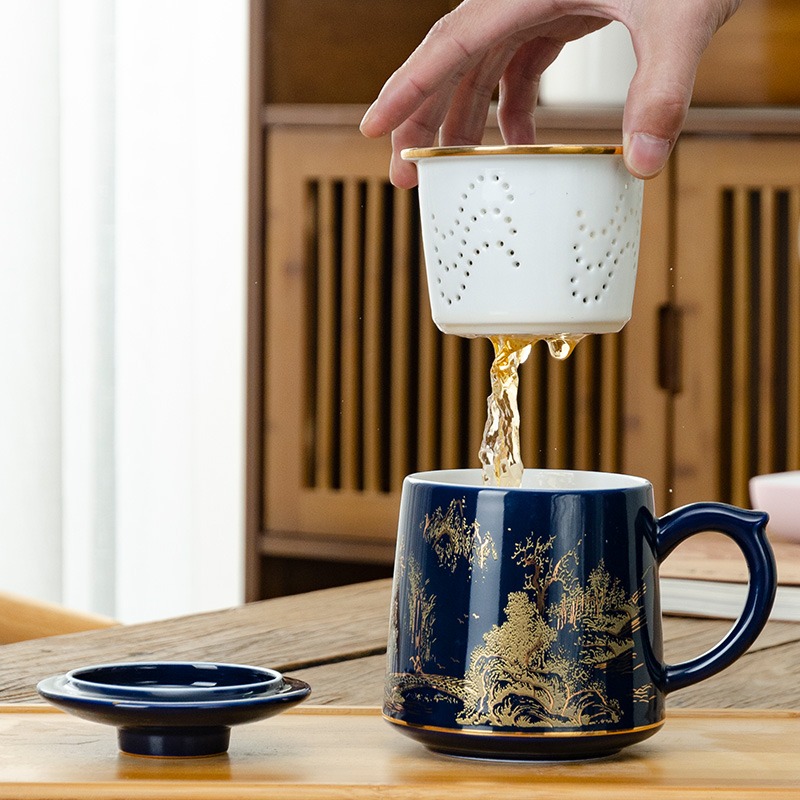 創意陶瓷帶蓋馬克杯大容量辦公室泡茶杯過濾茶杯茶水分離水杯-細節圖4