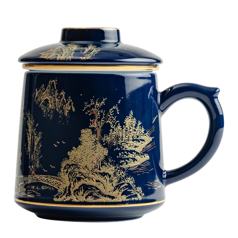 創意陶瓷帶蓋馬克杯大容量辦公室泡茶杯過濾茶杯茶水分離水杯-細節圖5