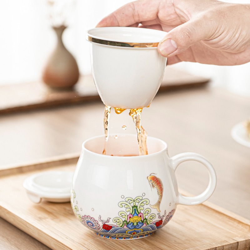 創意貓咪馬克杯帶蓋茶水分離陶瓷過濾辦公室個性泡茶杯子家用-細節圖3