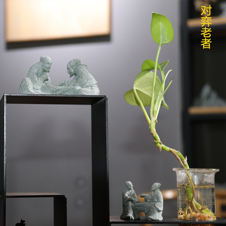 仿真下棋老者擺件園藝花卉盆景假山景觀造景裝飾對弈老頭裝飾擺設-細節圖2