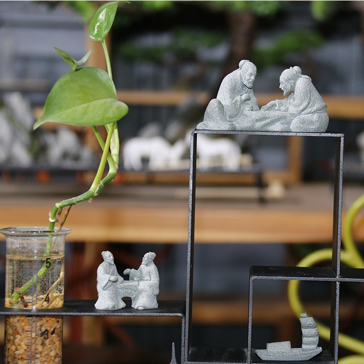 仿真下棋老者擺件園藝花卉盆景假山景觀造景裝飾對弈老頭裝飾擺設-細節圖4