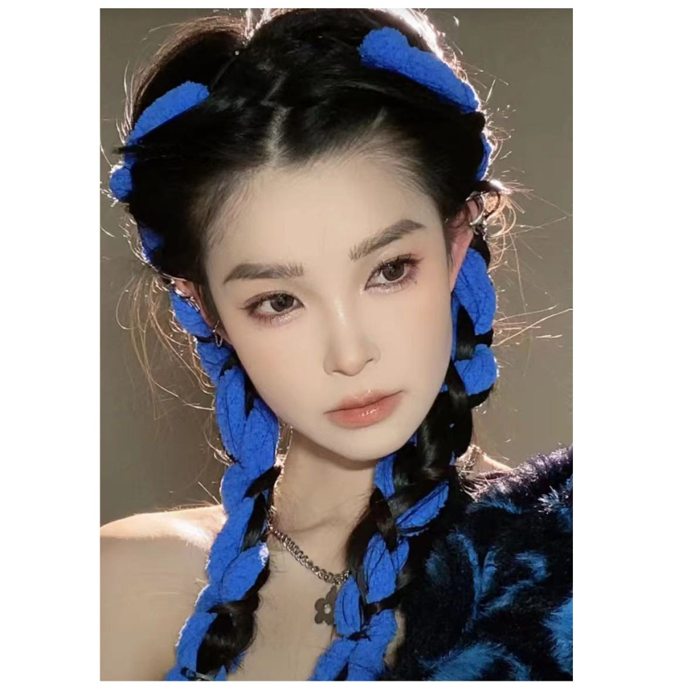 明星同款變異臟辮藍色毛條發夾粗毛絨絨編發繩子雙麻花辮發帶女-細節圖5