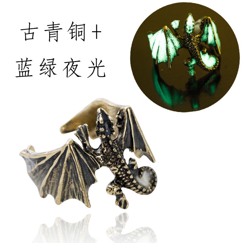 天使惡魔戒指 哥特式翼龍開口戒指情侶對戒黑尾戒 暗黑潮流飾品-細節圖4