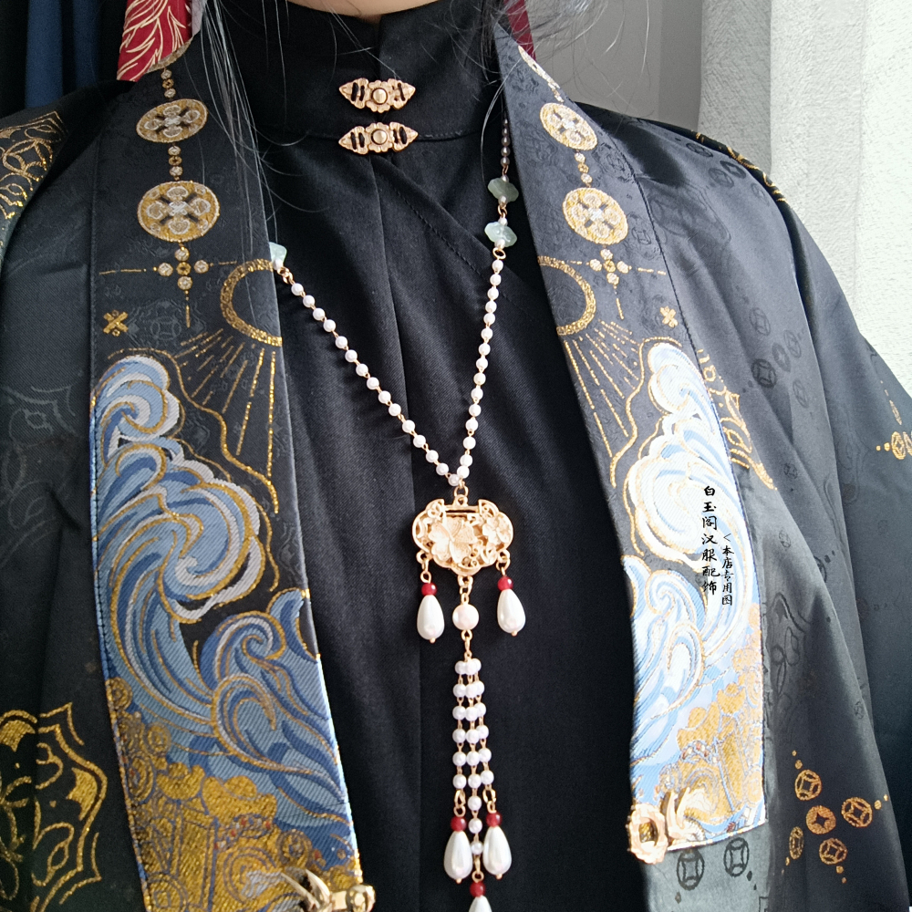 長款後綴流蘇瓔珞背雲項鏈明制漢服配飾古風平安長命鎖項圈頸鏈飾-細節圖4