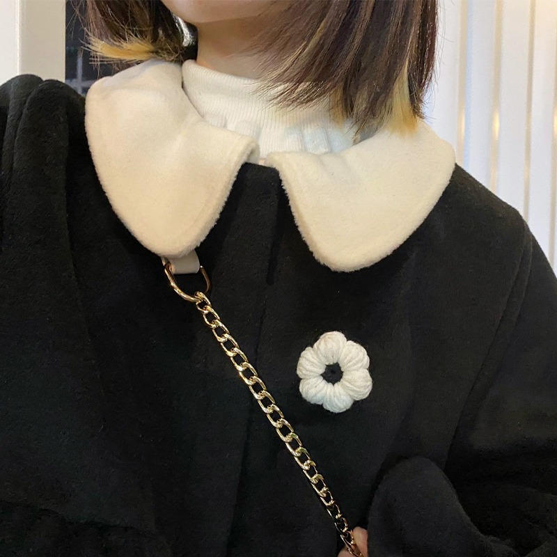 赫本風簡約黑白色毛線花朵胸針胸花配飾圍巾衛衣毛衣裝飾別針徽章-細節圖4