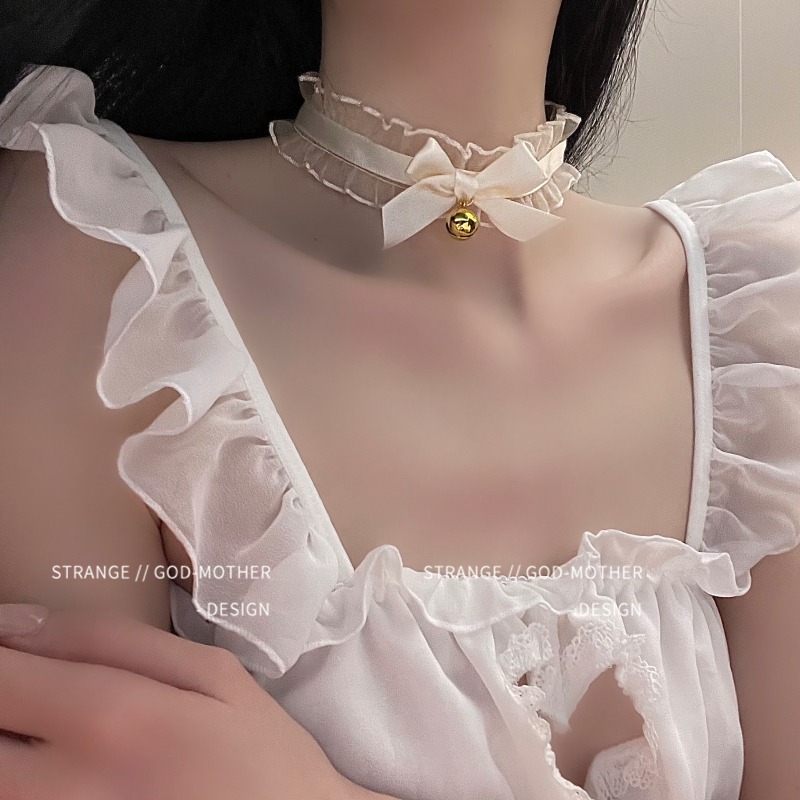 蕾絲小鈴鐺項圈女m頸帶choker脖子貓耳朵掛脖過新年項鏈-細節圖2