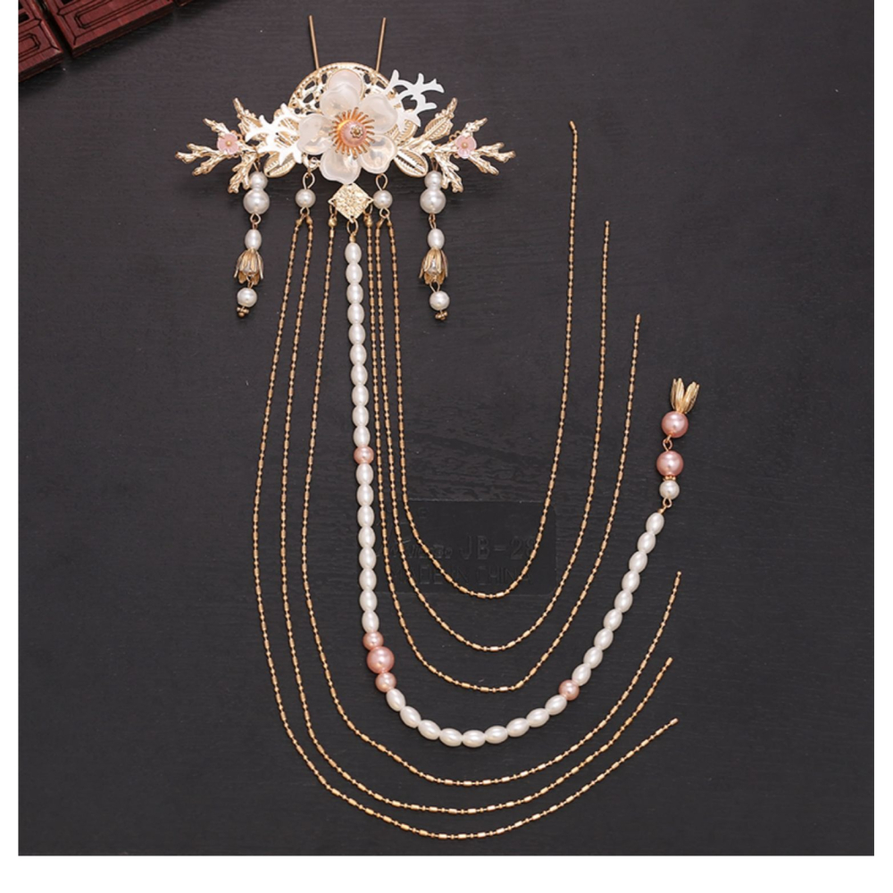 漢服頭飾少女後壓套裝發飾串珠飄帶步搖發簪流蘇發卡超仙發冠-細節圖7
