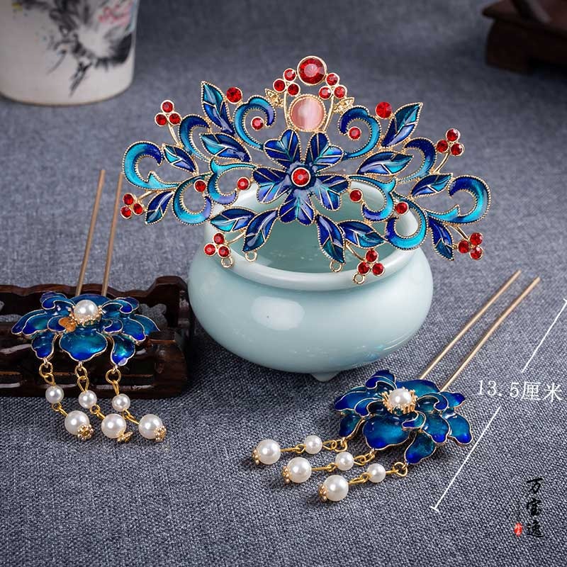 明制頭飾套裝步搖發簪燒藍發冠女漢服發飾古風全套發釵配飾-細節圖3