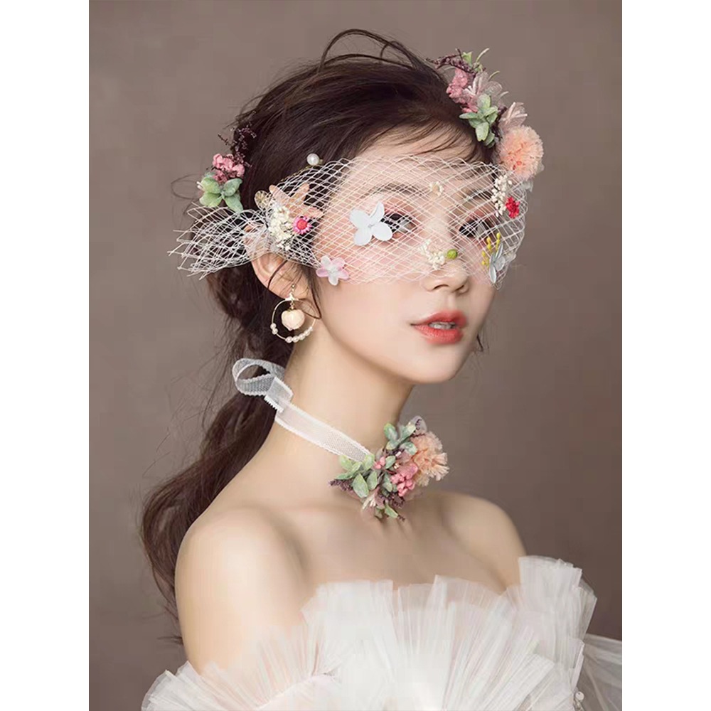 網紅法式矇眼乾花貼臉花瓣蕾絲寫真新娘創意臉部裝飾創意妝容造型-細節圖4