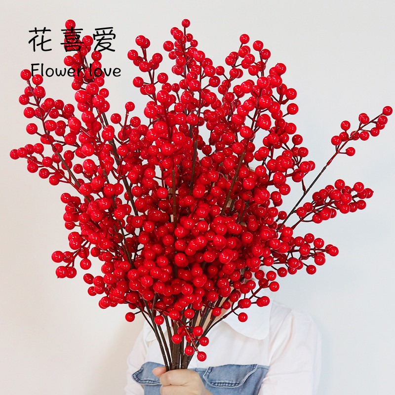 仿真北美冬青紅果年宵福桶裝飾材料仿真冬青多頭居家裝飾-細節圖2