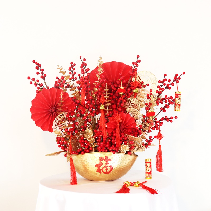 仿真北美冬青紅果年宵福桶裝飾材料仿真冬青多頭居家裝飾-細節圖3